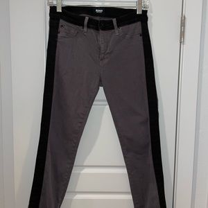 gray Hudson jeans with black suede stripe down the sides
